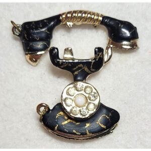 Vtg 60s Gold Splatter Enamel Rotary Phone Brooch 2-Piece Rhinestone Scatter Pin